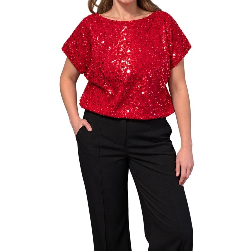 Main Strip Red Sequin Beaded Blouson Top NWT Small Cap Sleeve Boat Neck